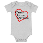 Grey Baby Onesie Chief Love Officer with Heart outline in background