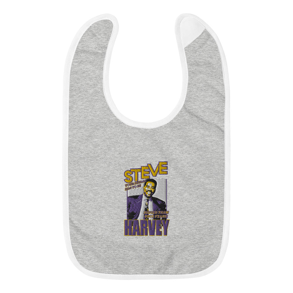 Grey Baby Bib with Steve Harvey image and Steve in Yellow with Purple outline and Harvey in purple with yellow outline and "Your Dream Has to Be Bigger Than Your Fears"