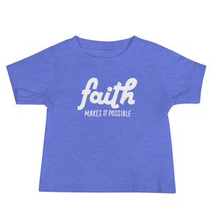 
                  
                    Load image into Gallery viewer, Blue baby T-Shirt Faith Makes It Possible in white
                  
                