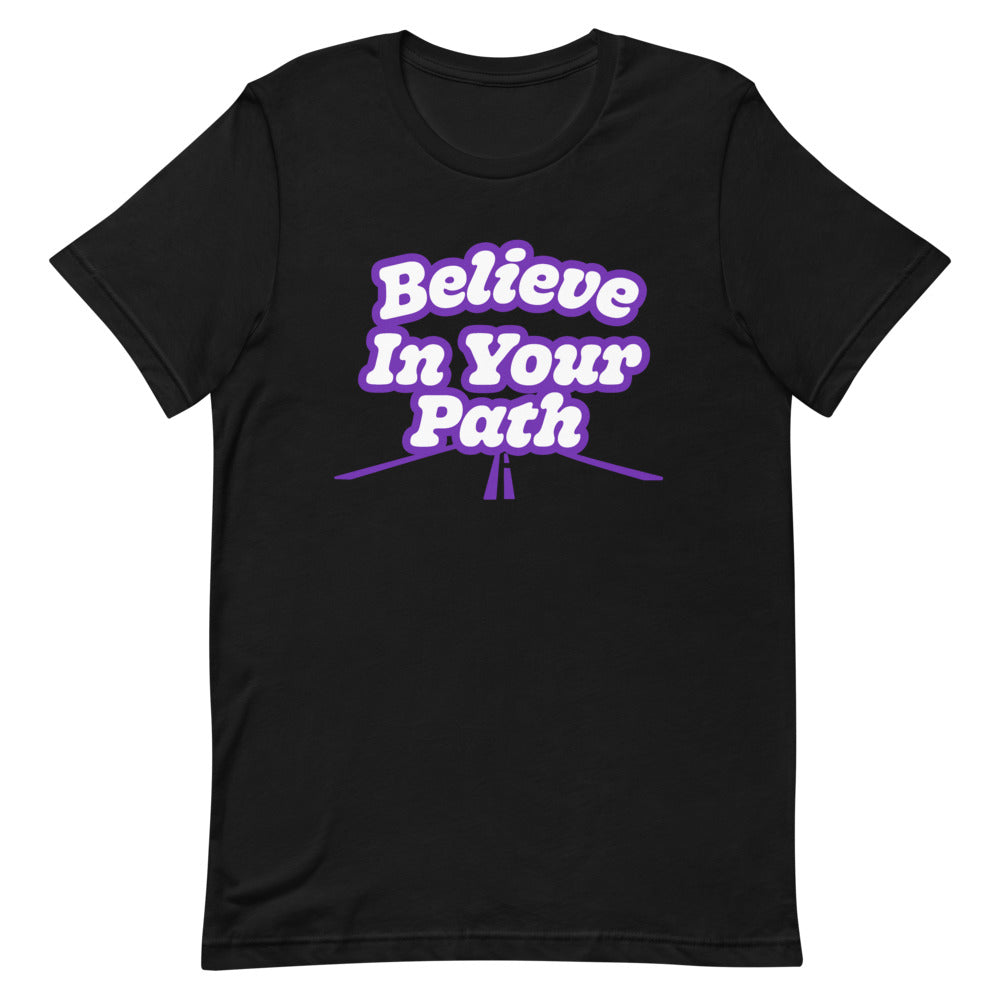 
                  
                    Load image into Gallery viewer, Black Short Sleeve T-Shirt with Believe In Your Path text in white outlined in purple with road graphic at the bottom
                  
                