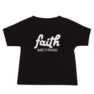 
                  
                    Load image into Gallery viewer, Black Baby T-Shirt Faith Makes It Possible in white
                  
                