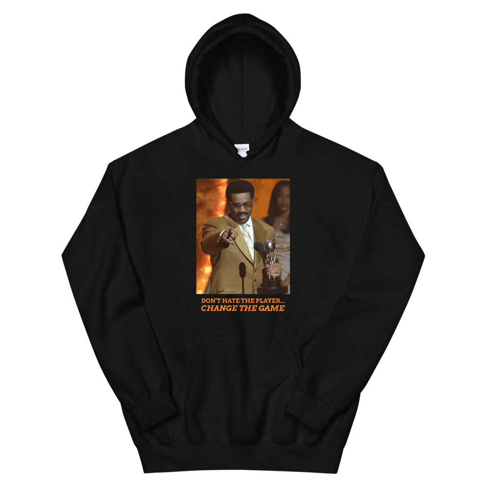 Black Pullover Hoodie with image of Steve Harvey winning award pointing with the words 