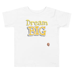 
                  
                    Load image into Gallery viewer, White Toddler T-Shirt with The words &amp;quot;Dream Big&amp;quot; in yellow with white outline
                  
                