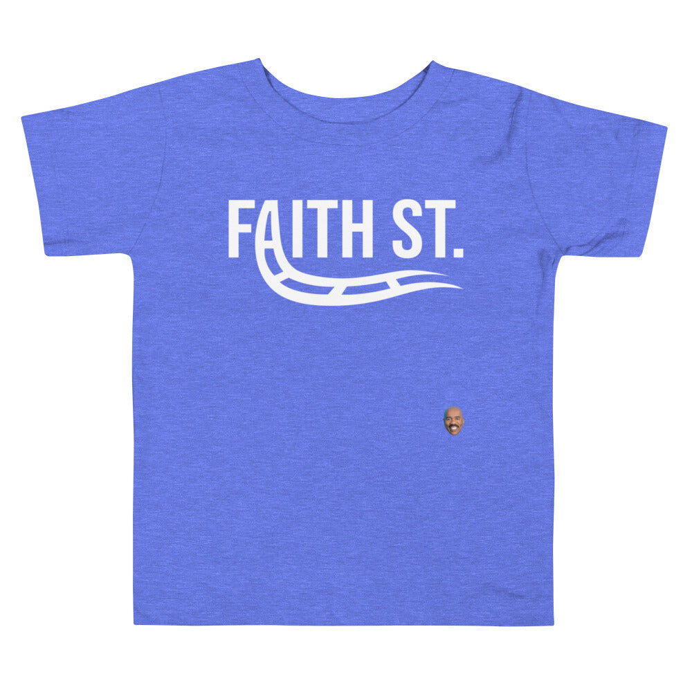 Blue T-Shirt Faith Street with A turning into train rails graphic