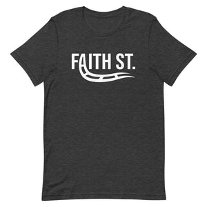 
                  
                    Load image into Gallery viewer, Grey T-Shirt with Faith Street with A turning into train rails graphic
                  
                