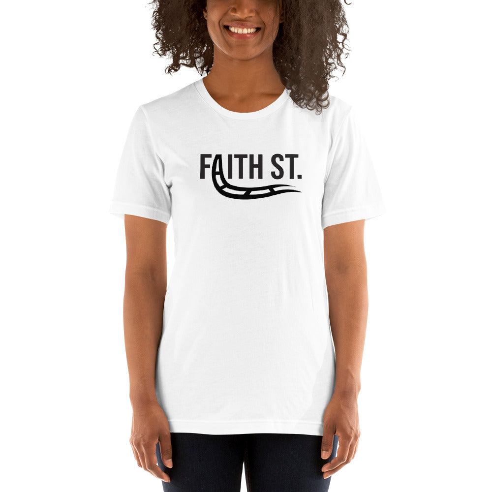 
                  
                    Load image into Gallery viewer, Female Modeling White T-Shirt with Faith Street with A turning into train rails graphic
                  
                