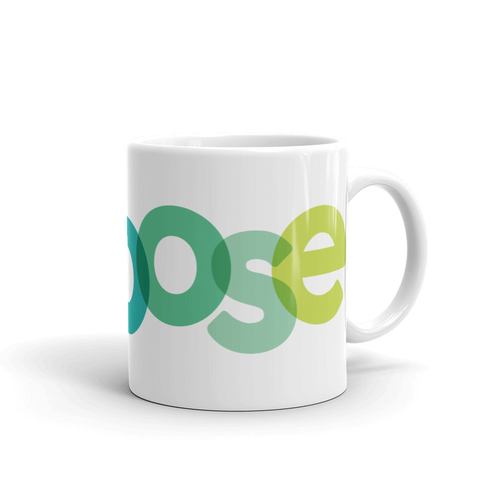White Mug with "Purpose" every few letters the color is different and a text is horizontally misaligned - side view - "ose"