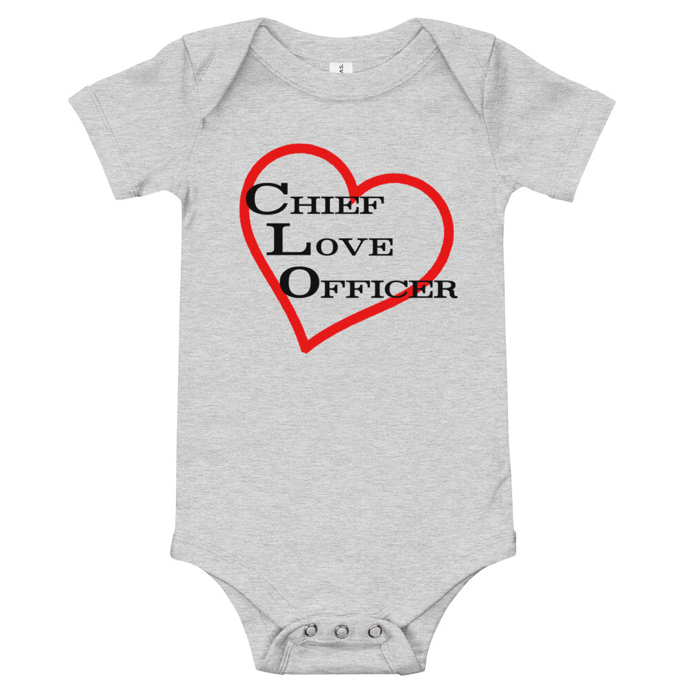 
                  
                    Load image into Gallery viewer, Grey Baby Onesie Chief Love Officer with Heart outline in background
                  
                