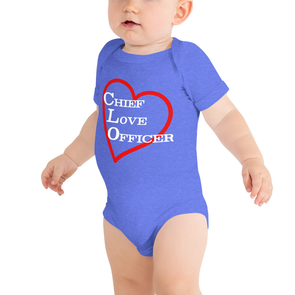 
                  
                    Load image into Gallery viewer, Blue Baby Onesie Chief Love Officer with Heart outline in background
                  
                