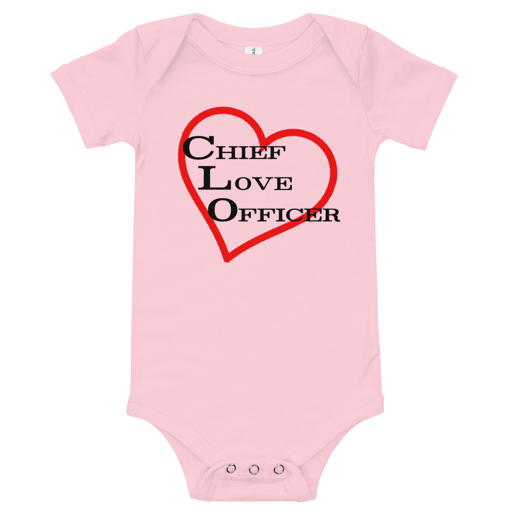 
                  
                    Load image into Gallery viewer, Pink Baby Onesie Chief Love Officer with Heart outline in background
                  
                