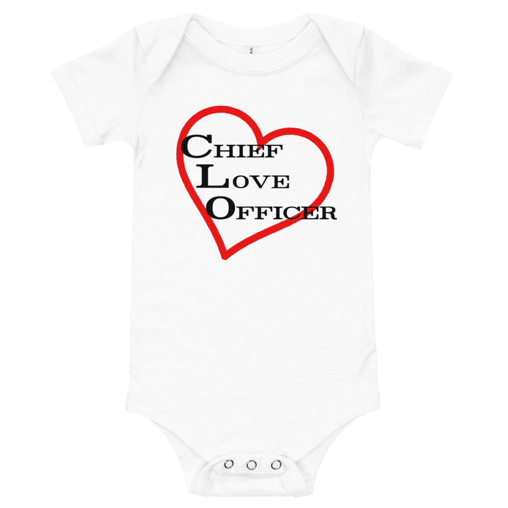 White Baby Onesie Chief Love Officer with Heart outline in background