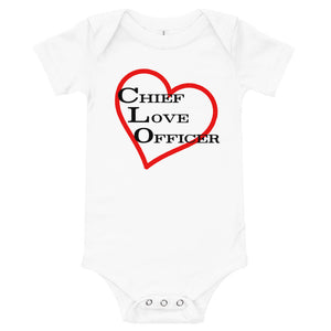
                  
                    Load image into Gallery viewer, White Baby Onesie Chief Love Officer with Heart outline in background
                  
                