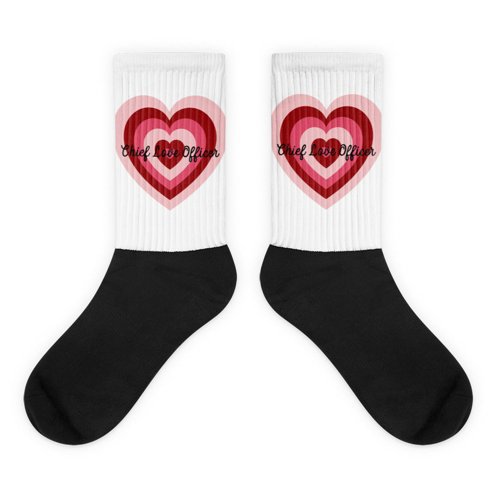 Black footed White legged socks with layered heart and Chief Love Officer in black cursive text on top