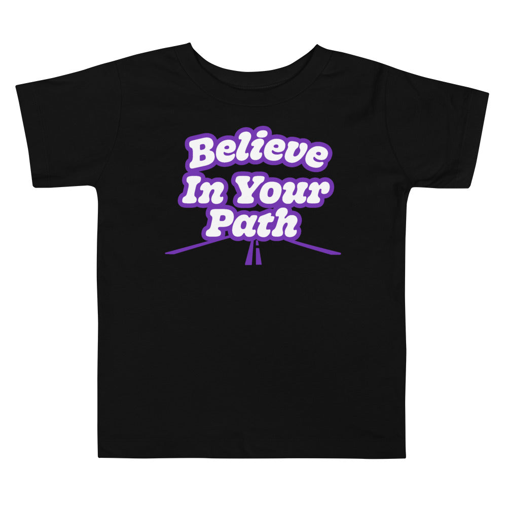 
                  
                    Load image into Gallery viewer, Black Toddler T-Shirt with Believe In Your Path written in white with purple outline and road graphic at the bottom
                  
                