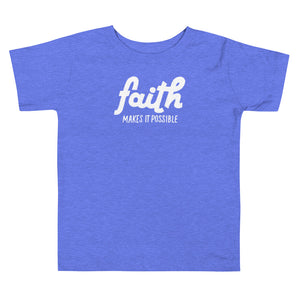 
                  
                    Load image into Gallery viewer, Toddler Blue T-Shirt Faith Makes It Possible in white
                  
                