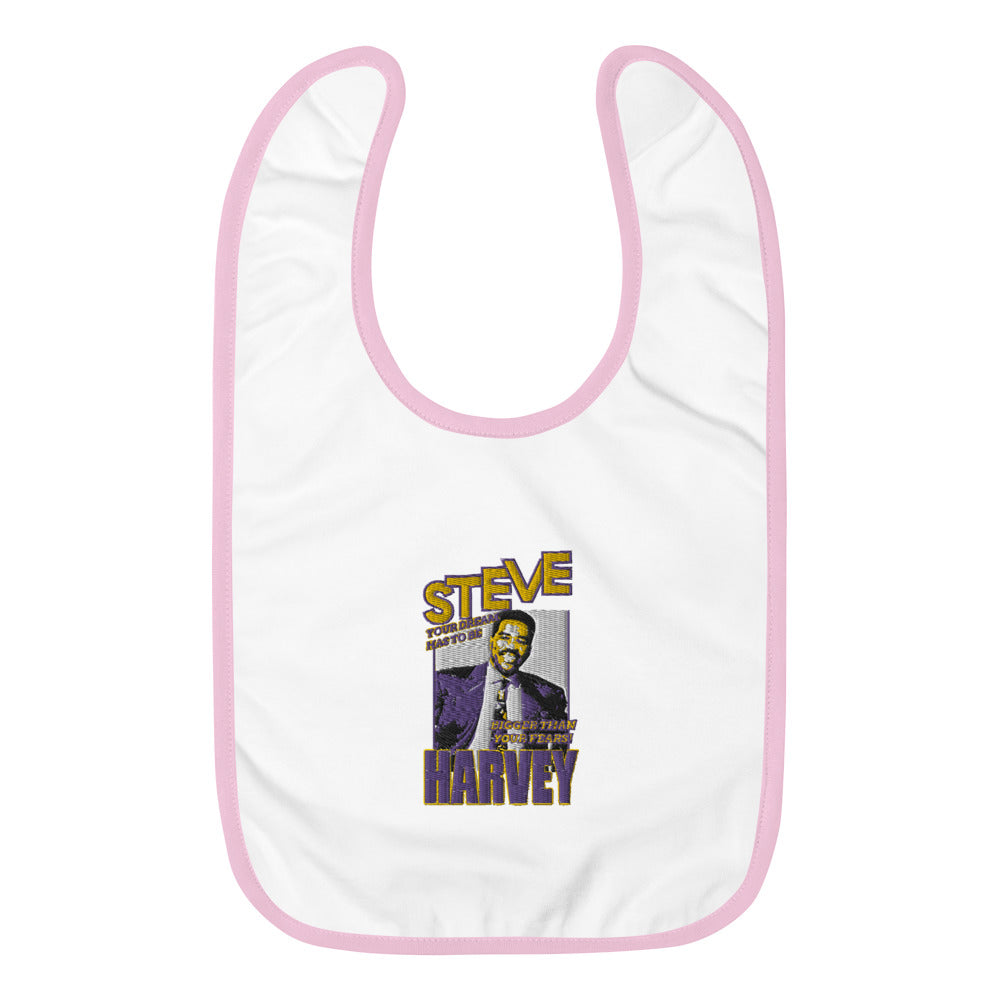 
                  
                    Load image into Gallery viewer, White Baby Bib and pink trim with Steve Harvey image and Steve in Yellow with Purple outline and Harvey in purple with yellow outline and &amp;quot;Your Dream Has to Be Bigger Than Your Fears&amp;quot;
                  
                