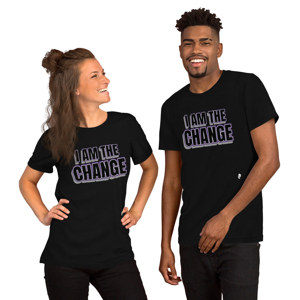 
                  
                    Load image into Gallery viewer, Male and Female modeling Black  Unisex T-Shirt with &amp;quot;I Am The Change&amp;quot; in all caps black text with purple outline
                  
                