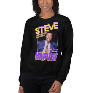 
                  
                    Load image into Gallery viewer, Female Modeling Black Pullover Sweatshirt with Classic Steve Harvey image with Steve in yellow with purple outline and Harvey in purple with yellow outline and the words Your dream has to be bigger than your fears in yellow with purple outline
                  
                
