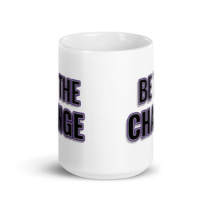 
                  
                    Load image into Gallery viewer, Image of white mug with &amp;quot;I Am The Change&amp;quot; font is black with purple outline and shadowing side view showing both sides with text
                  
                