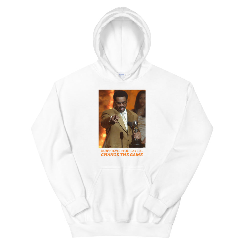 
                  
                    Load image into Gallery viewer, White Pullover Hoodie with image of Steve Harvey winning award pointing with the words &amp;quot;Don&amp;#39;t Hate The Player... Change The Game&amp;quot; below the image
                  
                