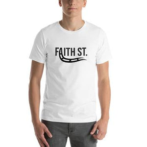 
                  
                    Load image into Gallery viewer, Male Modeling White T-Shirt with Faith Street with A turning into train rails graphic
                  
                