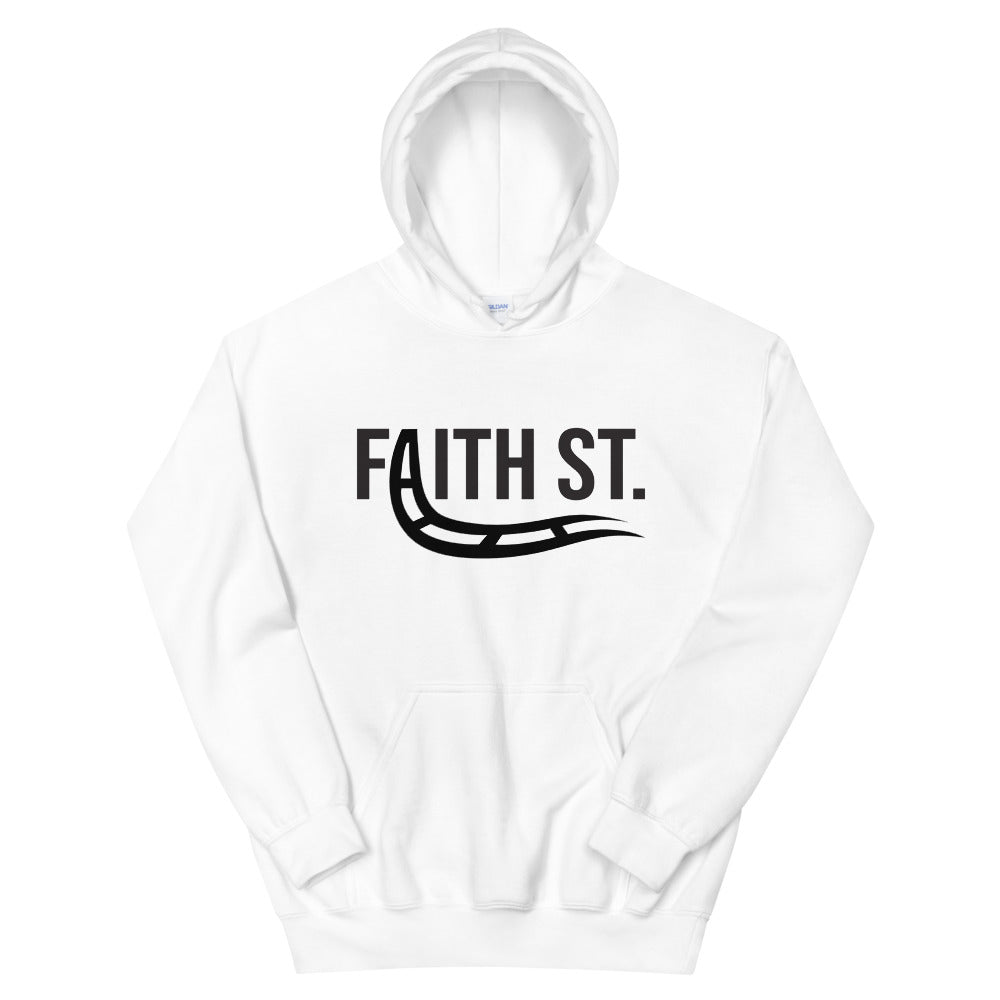 
                  
                    Load image into Gallery viewer, White Pullover Hoodie Faith Street with A turning into train rails graphic
                  
                