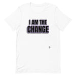 White Unisex T-Shirt with "I Am The Change" in all caps black text with purple outline