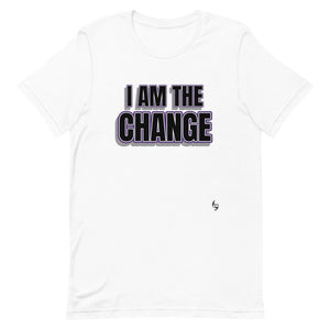
                  
                    Load image into Gallery viewer, White Unisex T-Shirt with &amp;quot;I Am The Change&amp;quot; in all caps black text with purple outline
                  
                