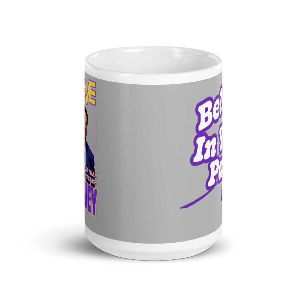 
                  
                    Load image into Gallery viewer, 11 oz White coffee mug showing part of the vintage Steve Harvey image and Logo on the left and part of Believe phrase showing on the right
                  
                