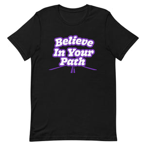
                  
                    Load image into Gallery viewer, Black Short Sleeve T-Shirt with Believe In Your Path text in white outlined in purple with road graphic at the bottom
                  
                