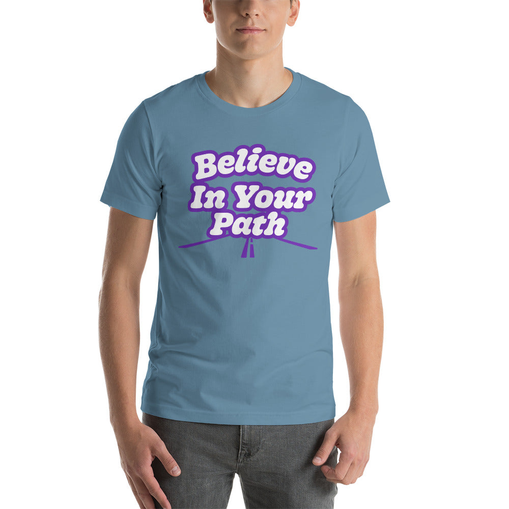 
                  
                    Load image into Gallery viewer, Male modeling Steel Blue Short Sleeve T-Shirt with Believe In Your Path text in white outlined in purple with road graphic at the bottom
                  
                