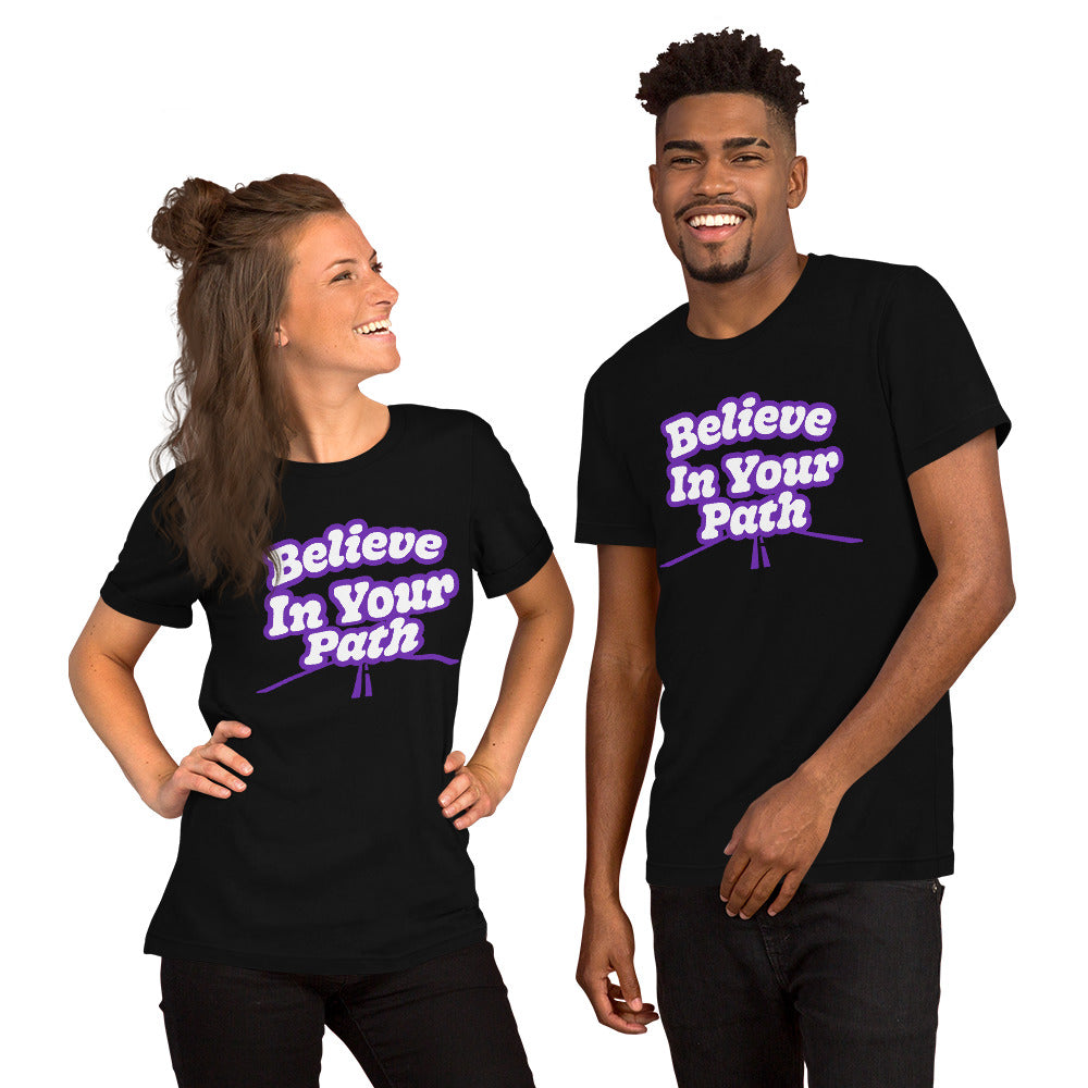 
                  
                    Load image into Gallery viewer, Female and Maile modeling Black Short Sleeve T-Shirt with Believe In Your Path text in white outlined in purple with road graphic at the bottom
                  
                