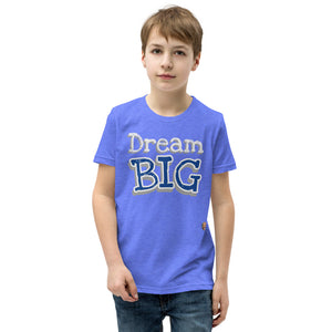 
                  
                    Load image into Gallery viewer, Male child modeling Children&amp;#39;s Blue T-Shirt The words &amp;quot;Dream Big&amp;quot; in Blue with yellow outline
                  
                