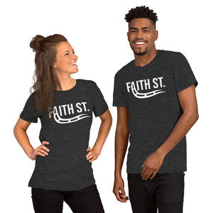 
                  
                    Load image into Gallery viewer, Female and Male Modeling Charcoal T-Shirt with Faith Street with A turning into train rails graphic
                  
                