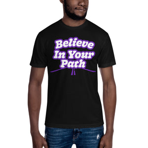 
                  
                    Load image into Gallery viewer, Male modeling Black Short Sleeve T-Shirt with Believe In Your Path text in white outlined in purple with road graphic at the bottom
                  
                