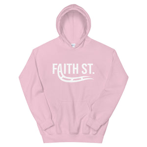 
                  
                    Load image into Gallery viewer, Pink Pullover Hoodie Faith Street with A turning into train rails graphic
                  
                