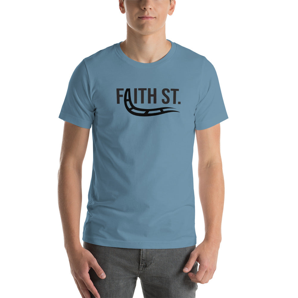 
                  
                    Load image into Gallery viewer, Male Modeling Indigo Blue T-Shirt with Faith Street with A turning into train rails graphic
                  
                