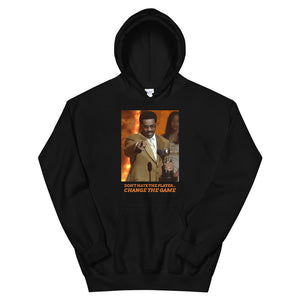 
                  
                    Load image into Gallery viewer, Black Pullover Hoodie with image of Steve Harvey winning award pointing with the words &amp;quot;Don&amp;#39;t Hate The Player... Change The Game&amp;quot; below the image
                  
                