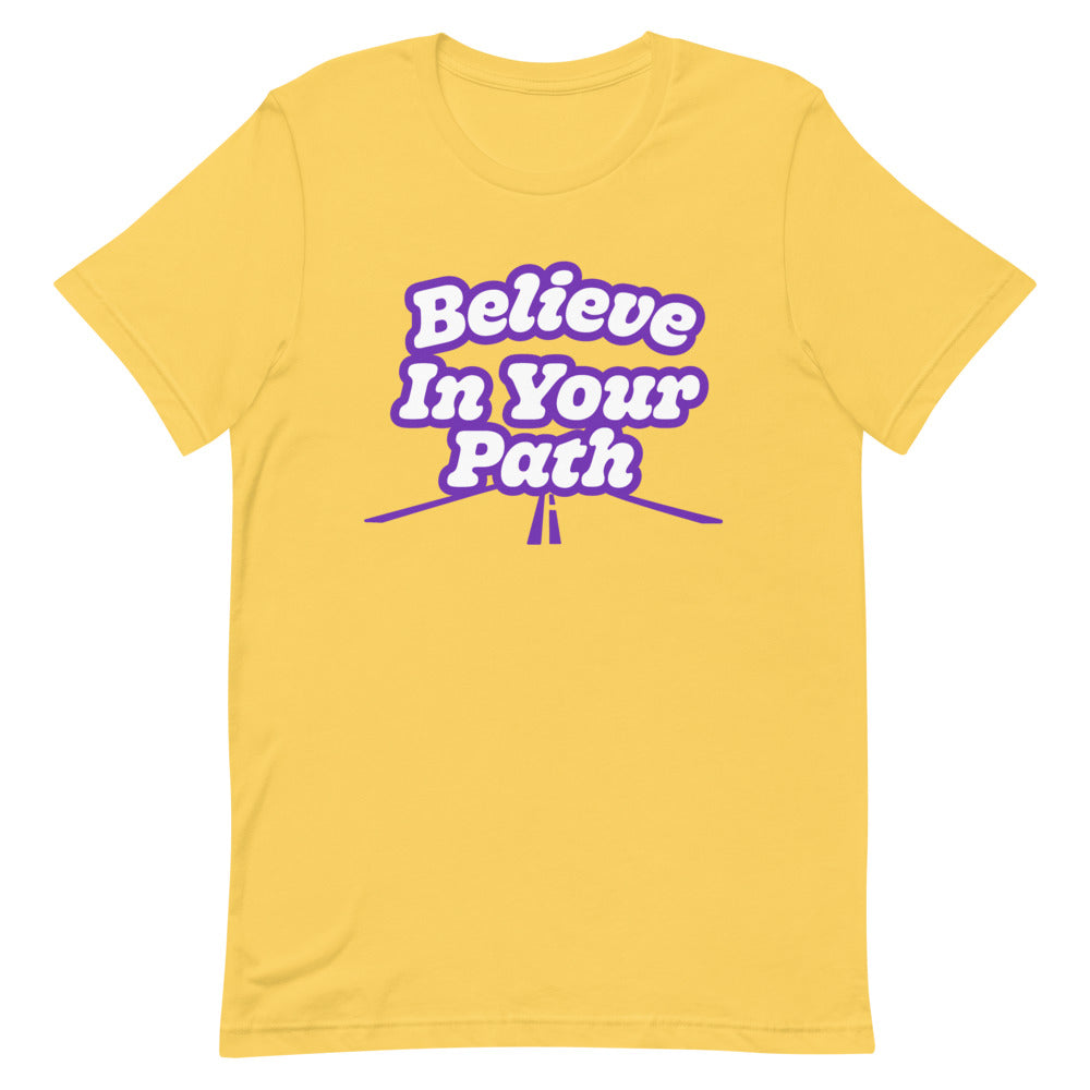 
                  
                    Load image into Gallery viewer, Yellow Short Sleeve T-Shirt with Believe In Your Path text in white outlined in purple with road graphic at the bottom
                  
                