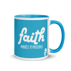 
                  
                    Load image into Gallery viewer, Turquoise 11 oz coffee mug turqouise interior and handle with Faith Makes It Possible in turquoise
                  
                
