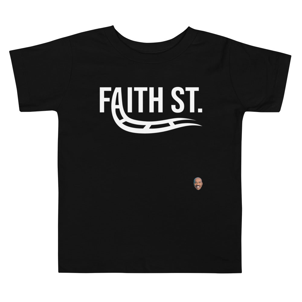Black T-Shirt Faith Street with A turning into train rails graphic