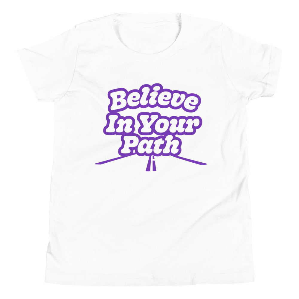 Youth White T-Shirt with Believe In Your Path in white text with purple outline with road graphic