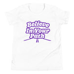 Youth White T-Shirt with Believe In Your Path in white text with purple outline with road graphic