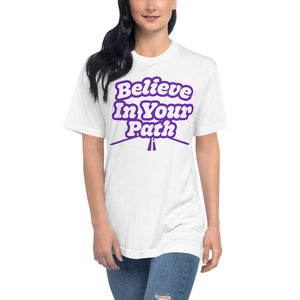 
                  
                    Load image into Gallery viewer, Female modeling White Short Sleeve T-Shirt with Believe In Your Path text in white outlined in purple with road graphic at the bottom
                  
                