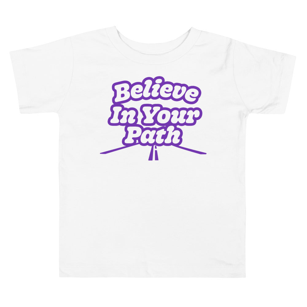 
                  
                    Load image into Gallery viewer, White Toddler T-Shirt with Believe In Your Path written in white with purple outline and road graphic at the bottom
                  
                