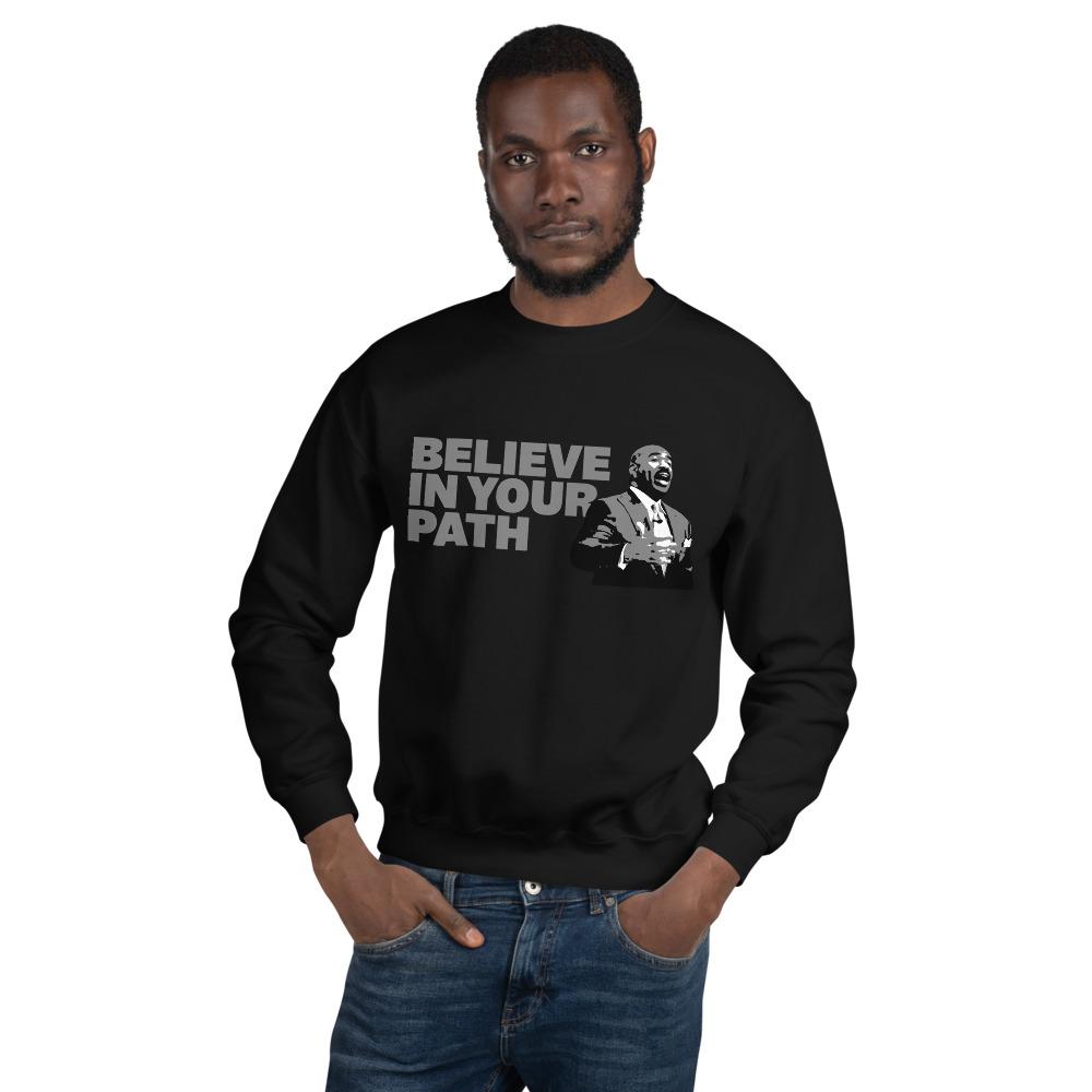 
                  
                    Load image into Gallery viewer, Male modeling Black Crew Sweatshirt with Believe In Your Path in Grey text with Steve Harvey torso image
                  
                