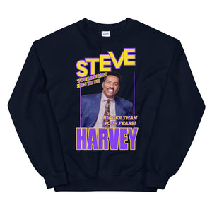 
                  
                    Load image into Gallery viewer, Navy Pullover Sweatshirt with Classic Steve Harvey image with Steve in yellow with purple outline and Harvey in purple with yellow outline and the words Your dream has to be bigger than your fears in yellow with purple outline
                  
                
