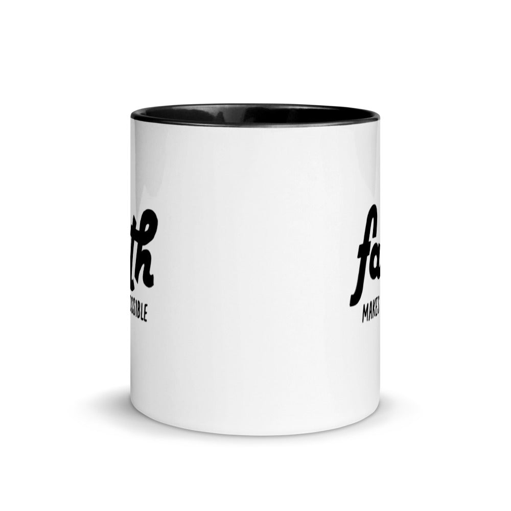 
                  
                    Load image into Gallery viewer, White 11 oz coffee mug black interior and handle with Faith Makes It Possible in black sideview
                  
                