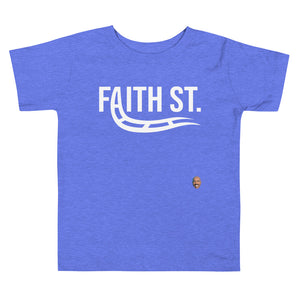 
                  
                    Load image into Gallery viewer, Blue T-Shirt Faith Street with A turning into train rails graphic
                  
                
