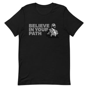 
                  
                    Load image into Gallery viewer, Black Short Sleeve Crew Neck With Believe In Your Path text in grey and Steve Harvey Torso Graphic
                  
                